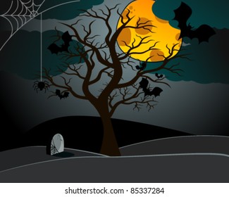 Vector hand drawn style Halloween illustration with bats, old tree and grave in front of the full Moon