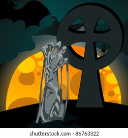 Vector hand drawn style Halloween illustration with undead rising from the grave in front of the full Moon