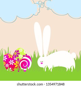 Vector hand drawn style illustration of cute Easter bunny with Easter eggs