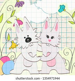 Vector hand drawn style illustration of cute Easter bunnies with Easter eggs