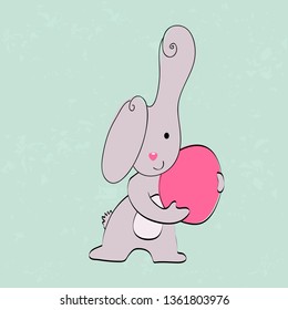Vector hand drawn style illustration of cute Easter bunny holding an Easter egg