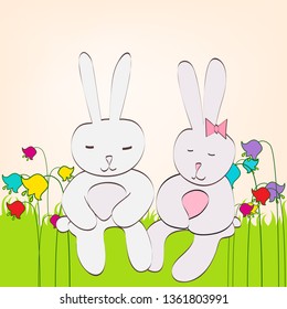 Vector hand drawn style illustration of cute Easter bunnies with Easter eggs