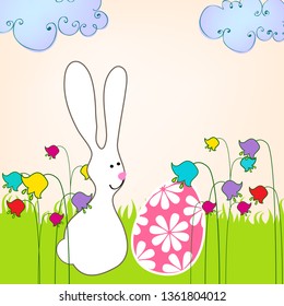 Vector hand drawn style illustration of cute Easter bunny with Easter eggs
