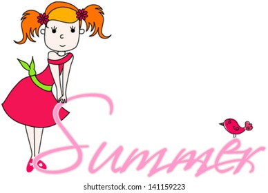 Vector hand drawn style illustration of cute summer girl with bird