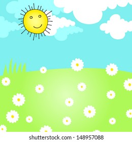 Vector hand drawn style illustration of a cute summer meadow with Sun and daisies