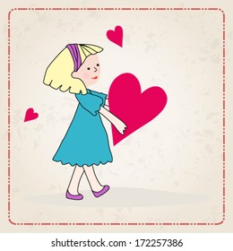 Vector hand drawn style illustration of cute romantic girl - Valentine's Day card