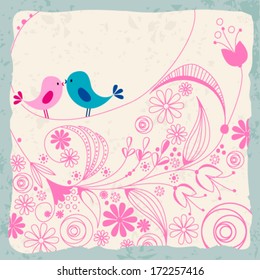 Vector hand drawn style illustration of cute birds in love