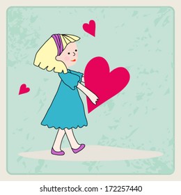 Vector hand drawn style illustration of cute romantic girl - Valentine's Day card