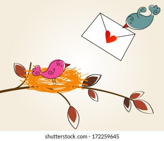 Vector hand drawn style illustration of cute birds in love