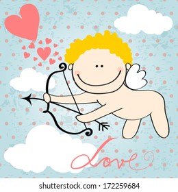 Vector hand drawn style illustration of cute Cupid with bow and arrow - Valentine's Day card