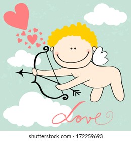 Vector hand drawn style illustration of cute Cupid with bow and arrow - Valentine's Day card
