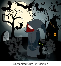 Vector hand drawn style illustration of a cute Halloween witch with black cat