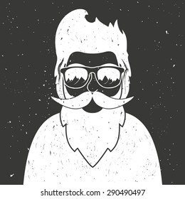 Vector hand drawn style illustration. Vintage poster with bearded man in sun glasses and mountains. Trendy hipster style greeting cards and inspirational poster