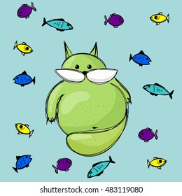 Vector hand drawn style  illustration. Fat green cat with colorful fishes