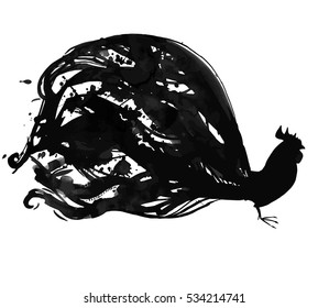 Vector hand drawn style illustration. Roughed black rooster. Ornate background for your design.