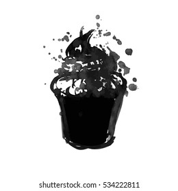 Vector hand drawn style illustration. Roughed black cupcake with splashes. Empty background for your design.