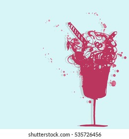 Vector hand drawn style illustration. Roughed pink dessert with splashes on the light blue background. Empty background for your design.