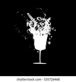 Vector hand drawn style illustration. Roughed white dessert with splashes. Empty background for your design.