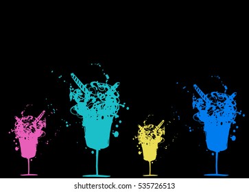 Vector hand drawn style illustration. Roughed pink, turquoise, yellow and blue desserts with splashes on the black background. Empty background for your design.