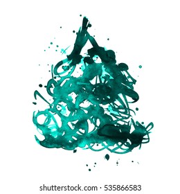 Vector hand drawn style illustration. Roughed turquoise Christmas tree. Empty background for your design.