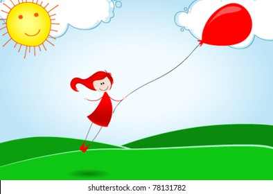 Vector Hand Drawn Style Illustration Of Cute Girl Flying Away With Balloon