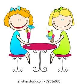 Vector hand drawn style illustration of cute summer girls eating ice cream and drinking cocktails