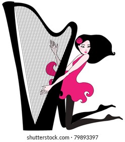 Vector hand drawn style illustration of beautiful woman playing a harp