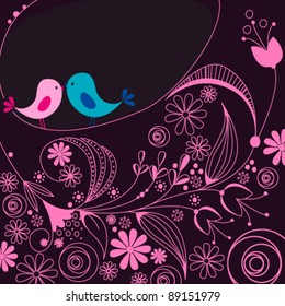 Vector hand drawn style illustration of cute birds in love on floral background