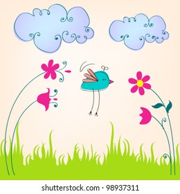 Vector hand drawn style illustration of cute spring bird flying over a meadow