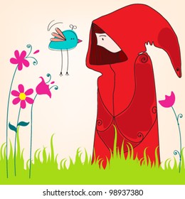 Vector hand drawn style illustration of cute spring girl with bird in a meadow