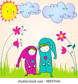 Vector hand drawn style illustration of cute kids in love