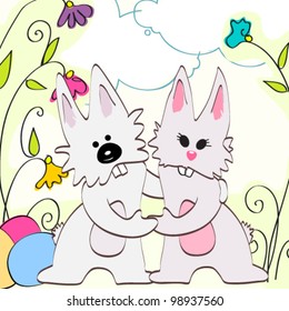Vector hand drawn style illustration of cute couple of Easter bunnies holding each other