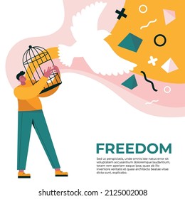 Vector hand drawn style person opens cage, bird flies wth geometric shapes in trendy colors.