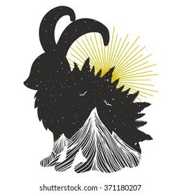 Vector hand drawn style poster with hare or rabbit, mountains and pine trees. Sun shine and flying birds. Inspirational vintage illustration with animal