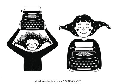 Vector hand drawn style set with happy girl with black retro typewriter textured vintage dots. Mountains and stars in hair. Writing book process. Flat cartoon monochrome print designs