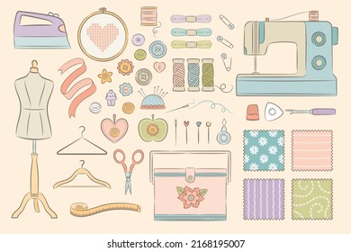 Vector hand drawn style sewing retro set. Collection of sewing tools and equipment for dressmaking, tailoring, needlecraft, hobby