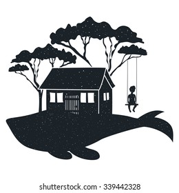 Vector hand drawn style typography poster with whale, house, silhouette of a boy on a swing and trees. Inspirational poster, psychology concept of introverts, children illustration, home print design
