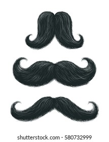 Vector hand drawn stylish black mustaches set with some gray hair. Comic funny shaped moustaches collection. Cool father's day decorative elements isolated on white.