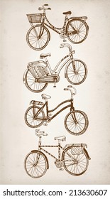 Vector hand drawn stylish city bicycle set on paper background. Editable isolated objects.