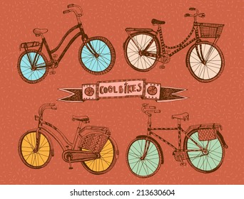 Vector hand drawn stylish colorful bicycle set. Editable isolated objects.