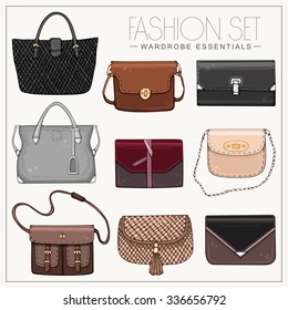 Vector hand drawn stylish fashion set of woman's bags