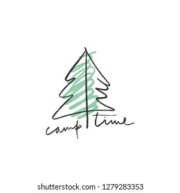 Vector hand drawn stylish hipster camp logo with green tree. Wild nature. Clipart, isolated sign