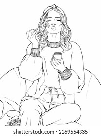 Vector hand drawn stylish young girl with a bow on her head applying make-up. Fashionable patterned illustration for coloring pages.