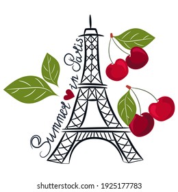 Vector hand drawn stylizated Eiffel Tower with red cherry , green leaves and lettering on white background