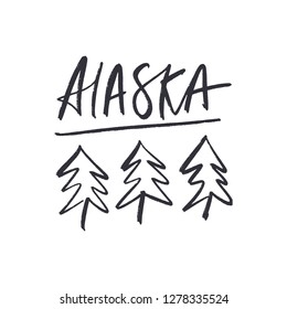 Vector hand drawn stylized Alaska logo with trees. Arrow label. Boho style. Clipart, isolated vector sign.