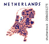 Vector hand drawn stylized map of Netherlands landmarks. Netherlands Kingdom travel illustration. Geography illustration. European map element