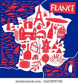 Vector hand drawn stylized map of France. Travel illustration with french landmarks, food and plants. Geography illustration