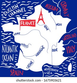 Vector hand drawn stylized map of France. Travel illustration with rivers names. Hand drawn lettering. Europe map element