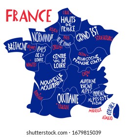 Vector hand drawn stylized map of France. Travel illustration with french regions, cities and rivers names. Hand drawn lettering. Europe map element