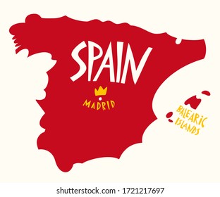 Vector hand drawn stylized map of Spain. Travel illustration of Spain Kingdom shape. Hand drawn lettering illustration. Europe map element